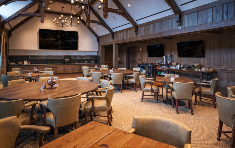 Photo of the Piedmont Driving Club Ballroom and Dining Area AV System featuring an advanced audiovisual distribution setup, enabling seamless broadcasting across multiple rooms for an enhanced event experience.