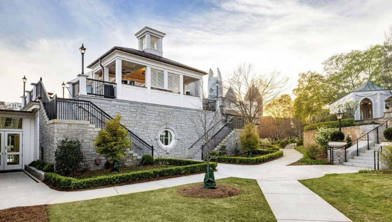 Front facade and walking paths with stairs to the new Piedmont Driving Club Poolside Bar and Event Space featuring a two-story restaurant, bar, and versatile event space located adjacent to the existing pool.