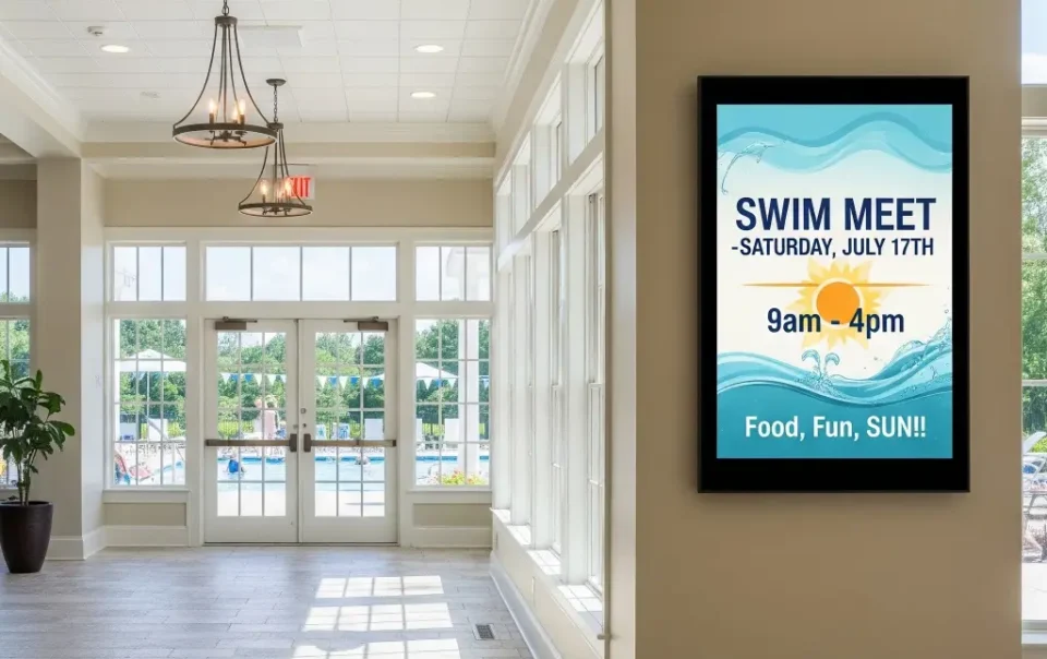 Interior of private club with digital signage displaying swim meet event announcement near pool area