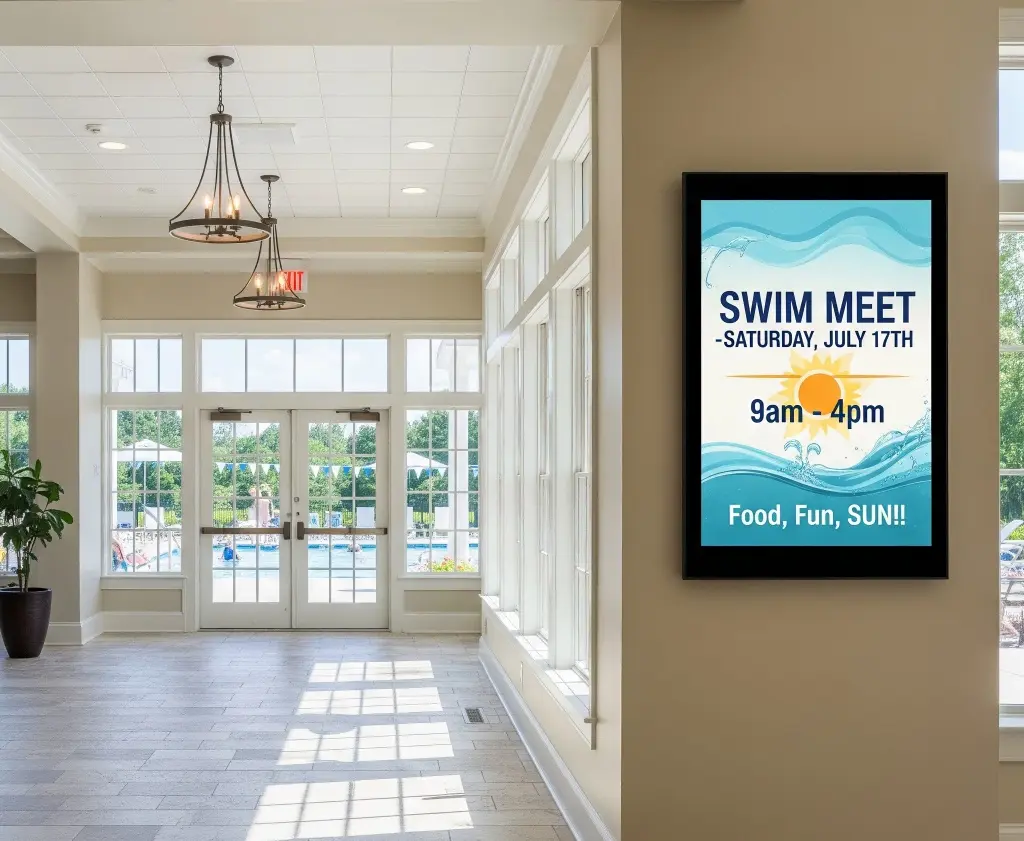 Interior of private club with digital signage displaying swim meet event announcement near pool area