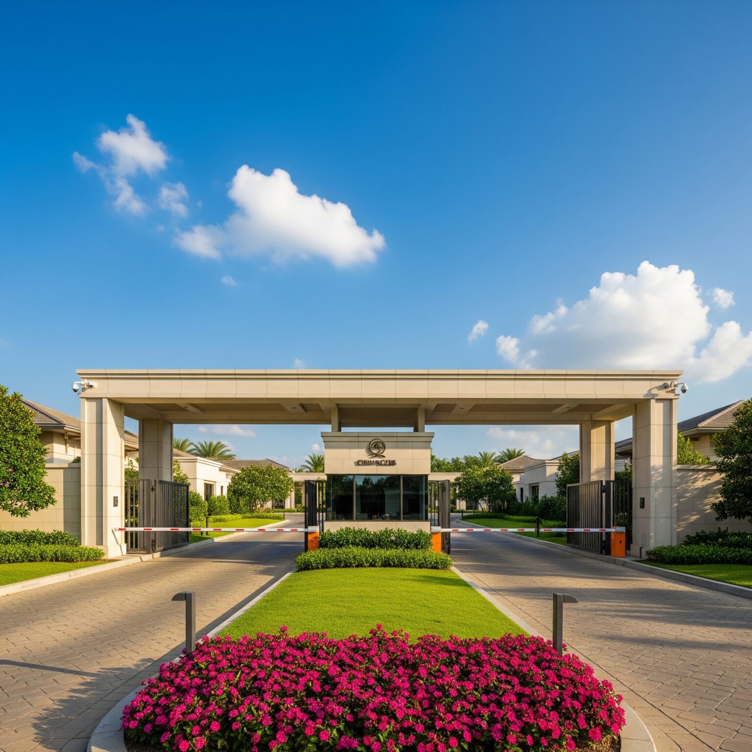 Secure main entrance of a private golf club in the Southeast, featuring modern surveillance and access control systems