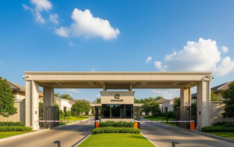 Secure main entrance of a private golf club in the Southeast, featuring modern surveillance and access control systems