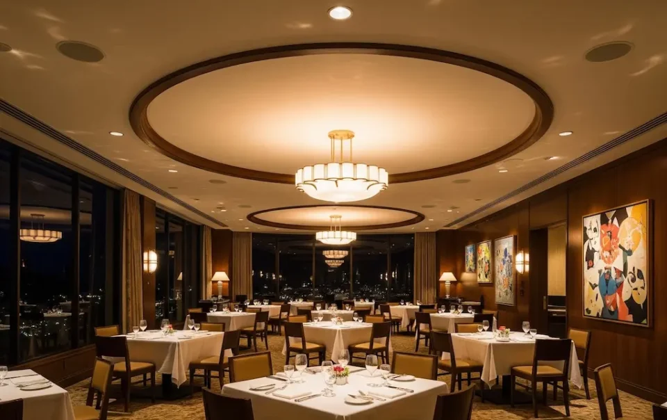 Formal private club dining room featuring Macrotek Services AV setup, with discreet ceiling-mounted speakers and camera, ambient chandeliers, and neatly arranged tables dressed in white linens.