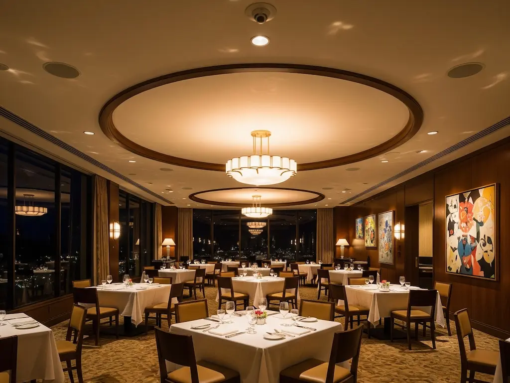 Formal private club dining room featuring Macrotek Services AV setup, with discreet ceiling-mounted speakers and camera, ambient chandeliers, and neatly arranged tables dressed in white linens.