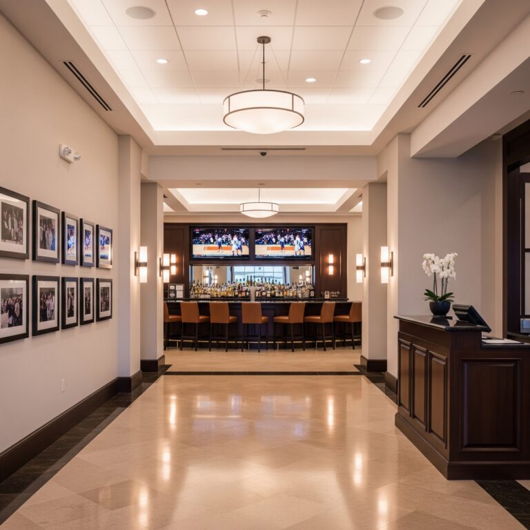 Elegant country club bar lounge with mounted digital displays and upscale interior design
