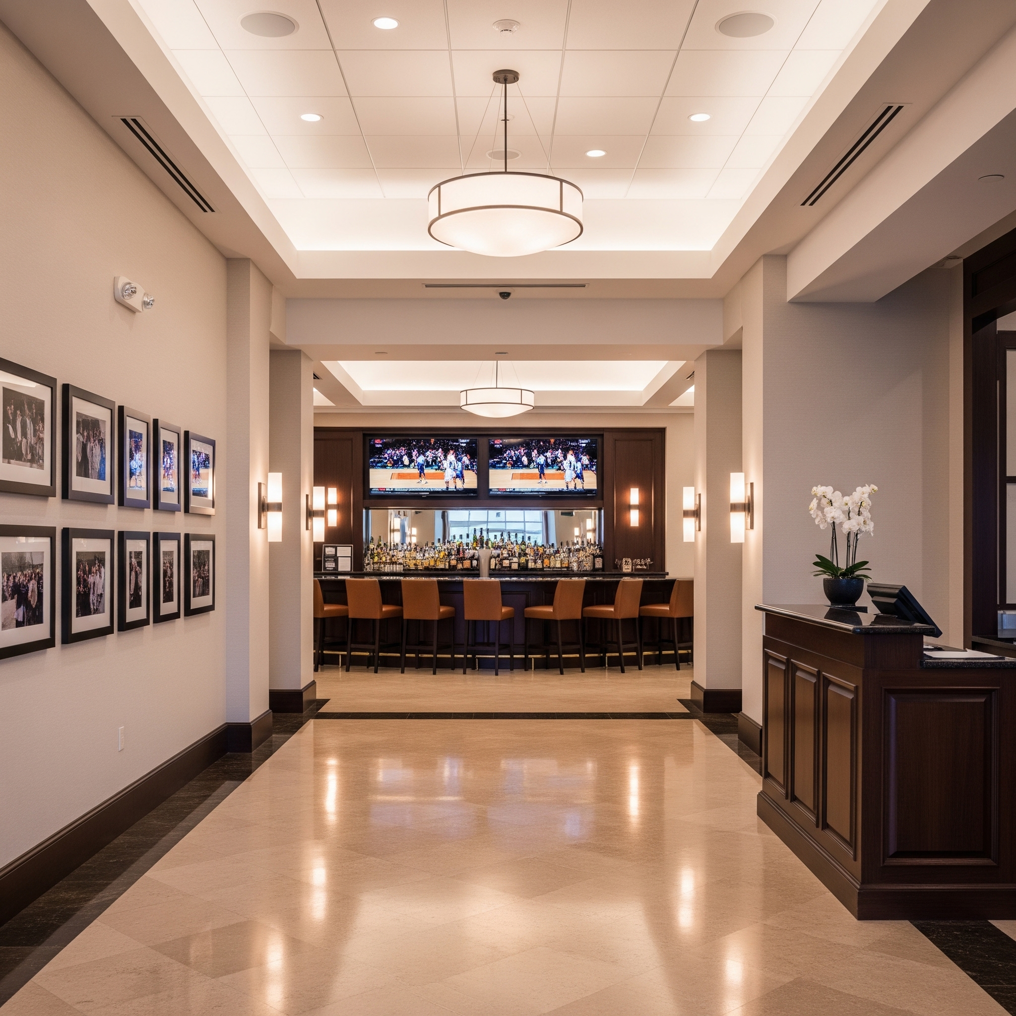 Elegant country club bar lounge with mounted digital displays and upscale interior design