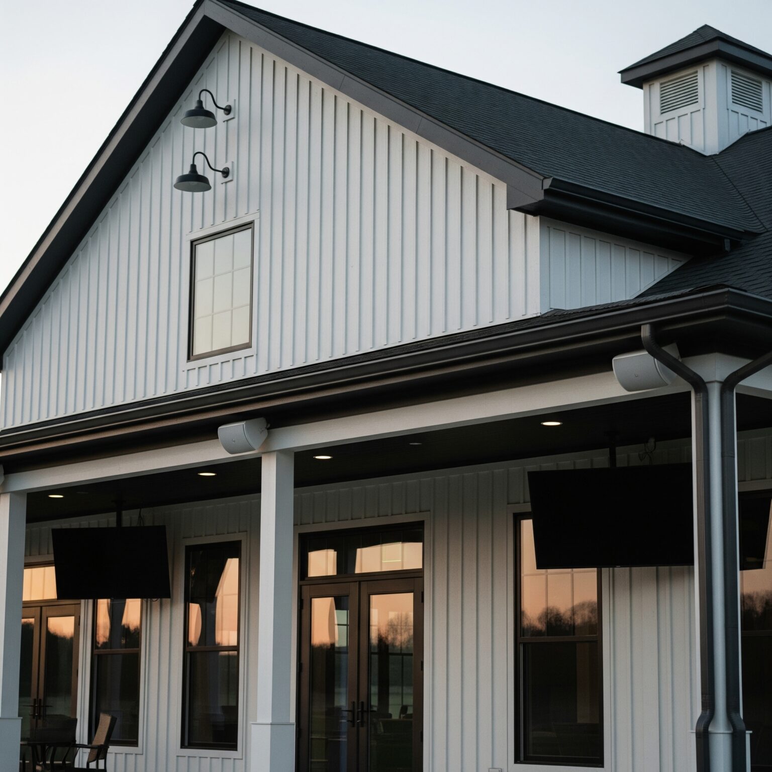 Modern country club exterior with mounted AV speakers and outdoor flat-panel displays