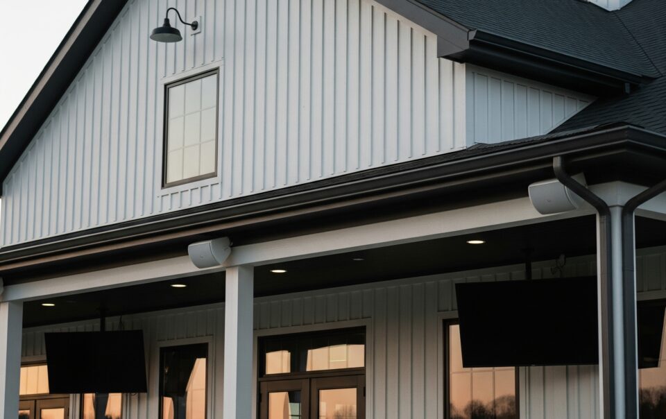 Modern country club exterior with mounted AV speakers and outdoor flat-panel displays