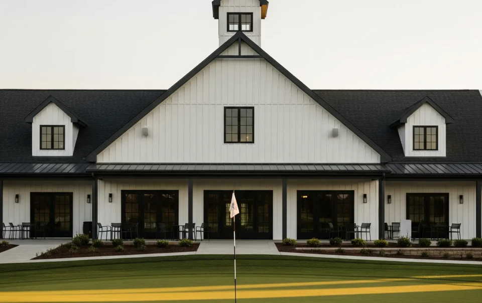 Elegant golf club exterior with integrated AV system and modern lighting
