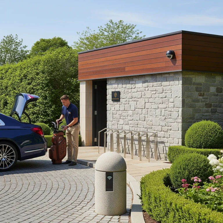 Valet unloading golf bags at private club with secure RFID entry system