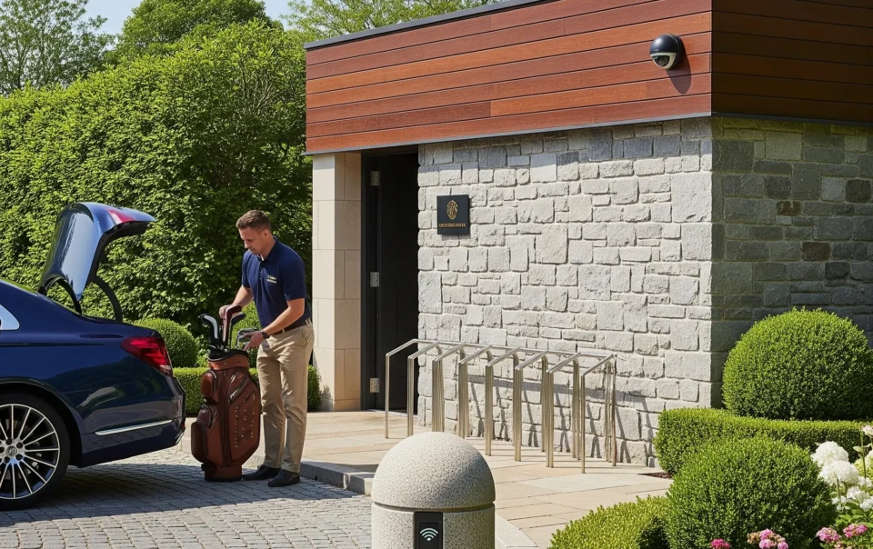 Valet unloading golf bags at private club with secure RFID entry system