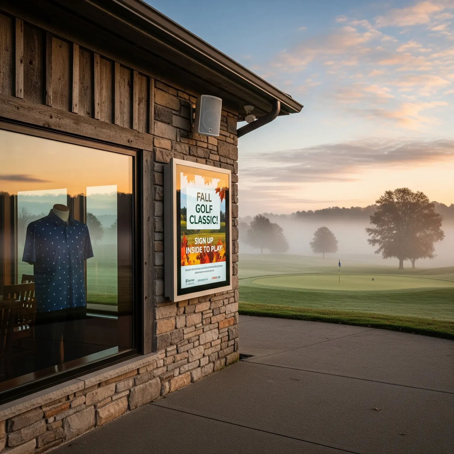 Digital signage promoting a Fall Golf Classic outside a Southeast country club golf shop