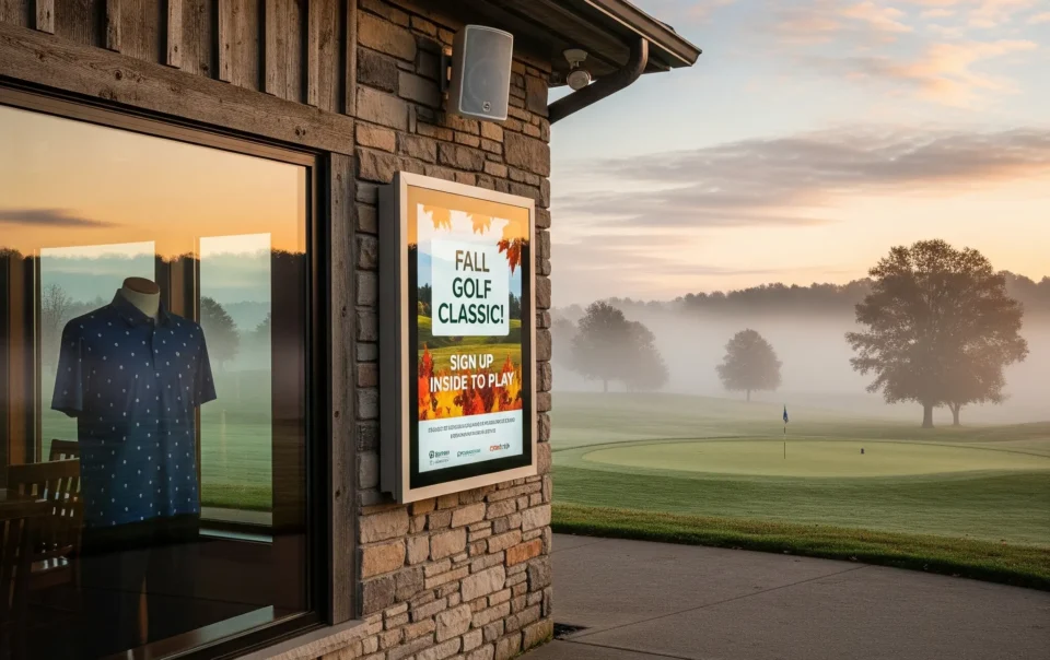 Digital signage promoting a Fall Golf Classic outside a Southeast country club golf shop