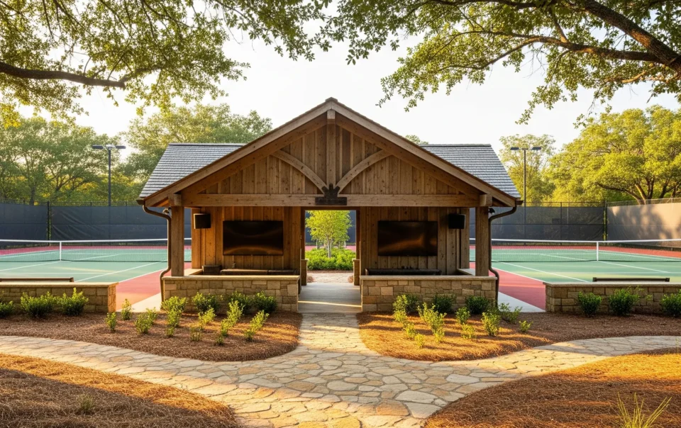 Tennis pavilion with outdoor AV speakers and lighting for private club members