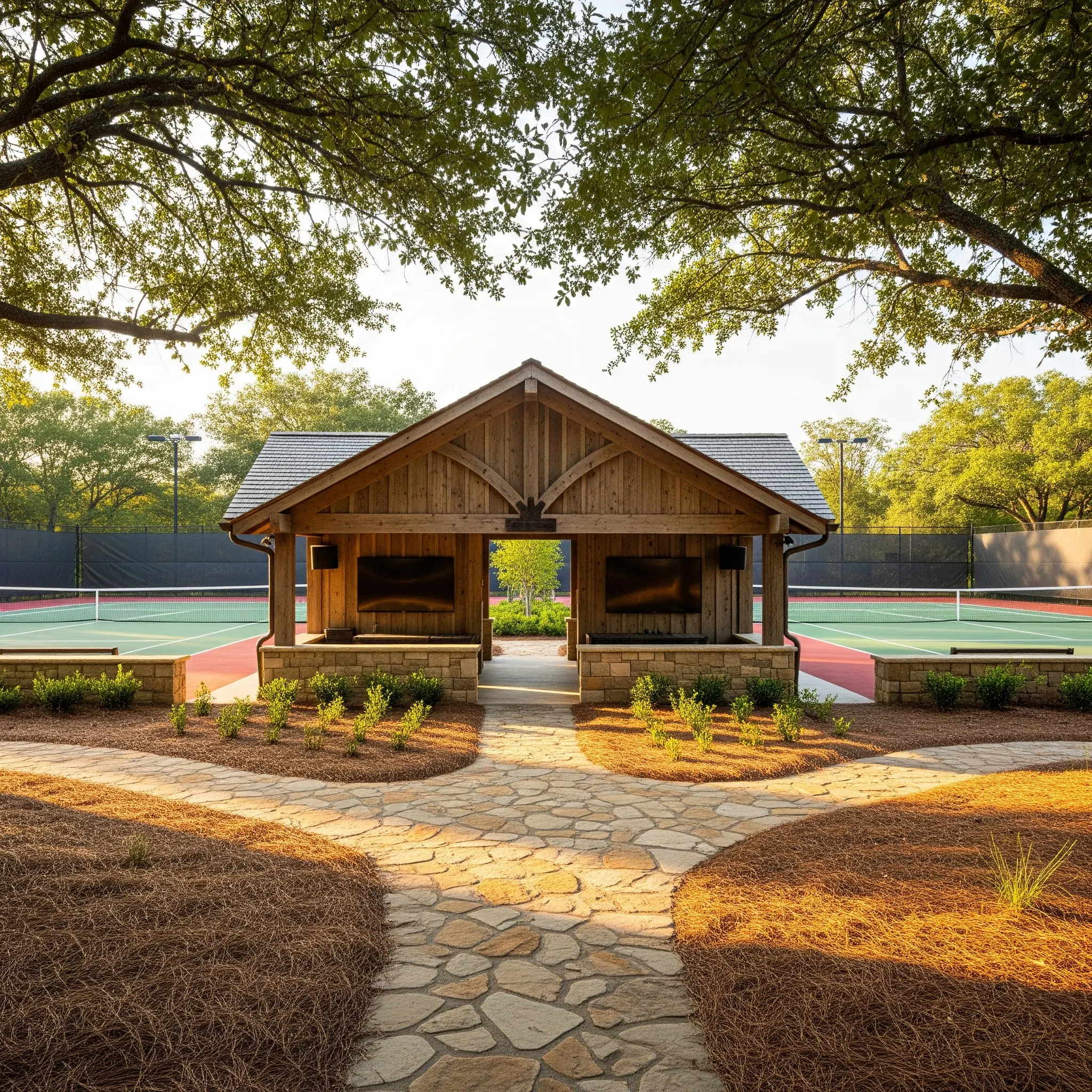 Tennis pavilion with outdoor AV speakers and lighting for private club members