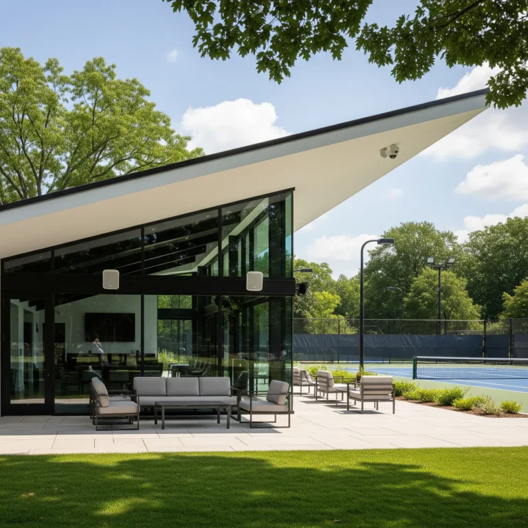 Modern tennis pavilion at a private club with integrated surveillance camera and outdoor seating.
