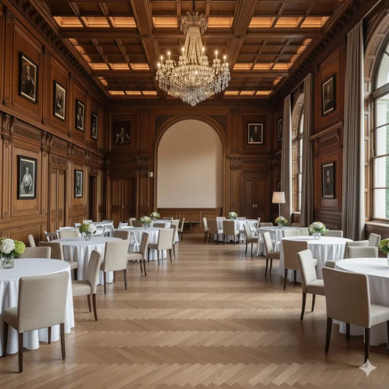 Elegant wood-paneled ballroom with chandelier lighting, optimized with hidden fiber network upgrades for modern Wi-Fi coverage.