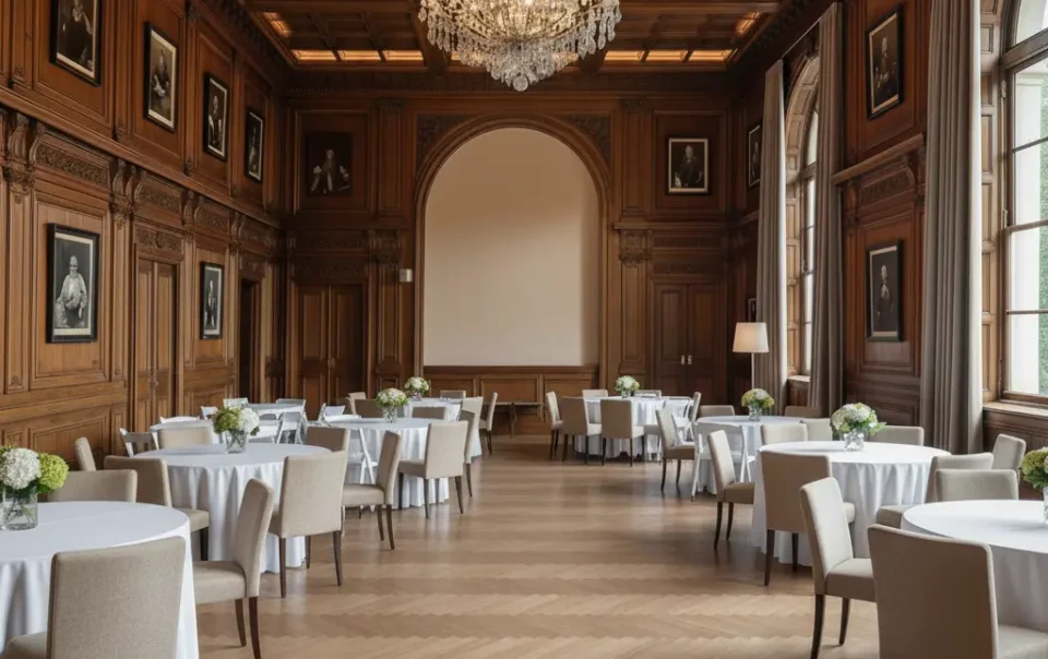 Elegant wood-paneled ballroom with chandelier lighting, optimized with hidden fiber network upgrades for modern Wi-Fi coverage.